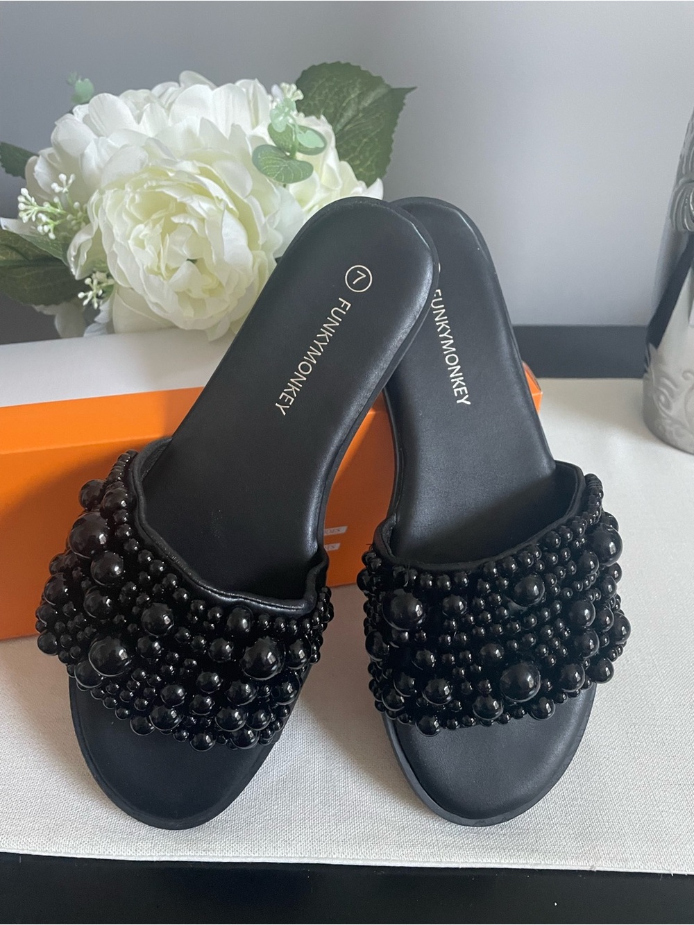 Black Pearl Embellished Slides Sandals Flats
